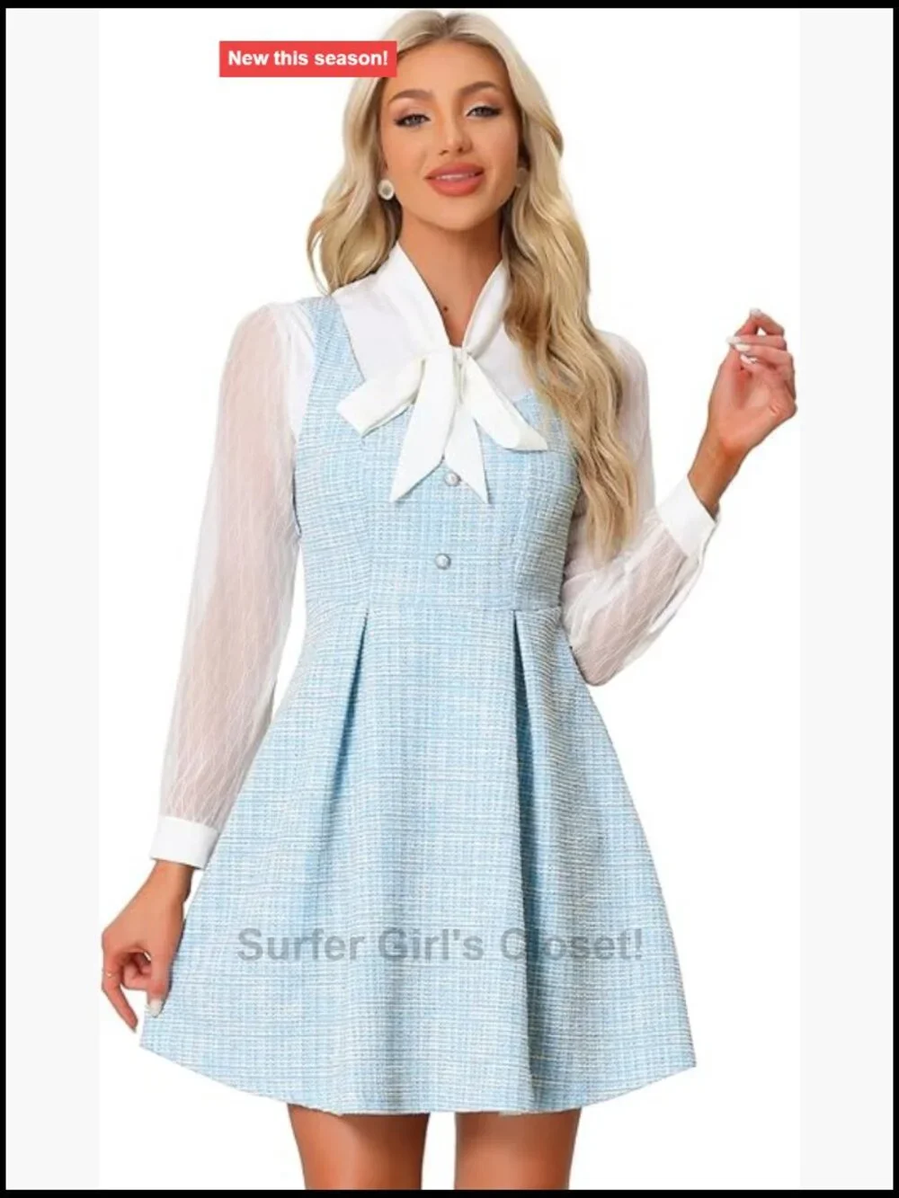 Allegra K Tweed A-Line Pinafore Dress, Sleeveless Square Neck, Pearl Buttons,